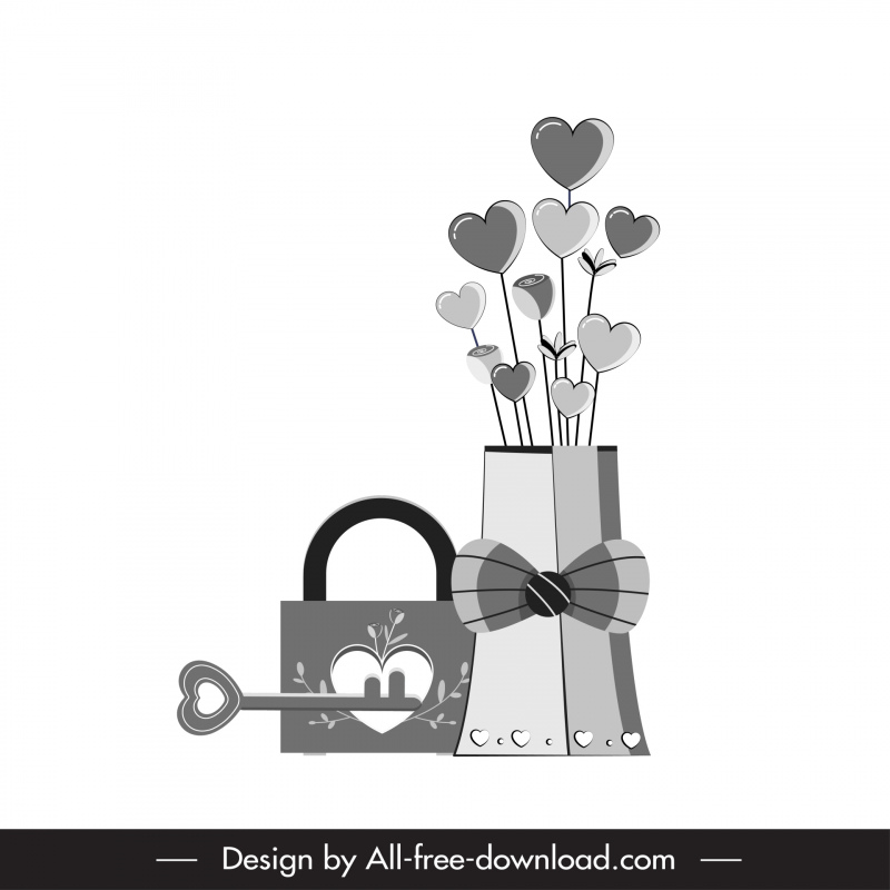 sevgililer günü bw tasarım elemanları anahtar kalp kilitleri çiçek vazo taslağı