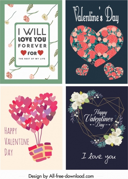 Template Kartu Valentine Dekorasi bunga hati klasik berwarna-warni