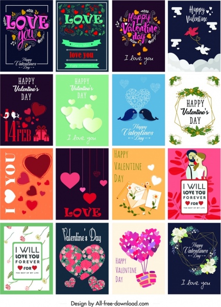 Шаблоны открыток ко Дню святого Валентина Классические сердечки Флора Пара Декор