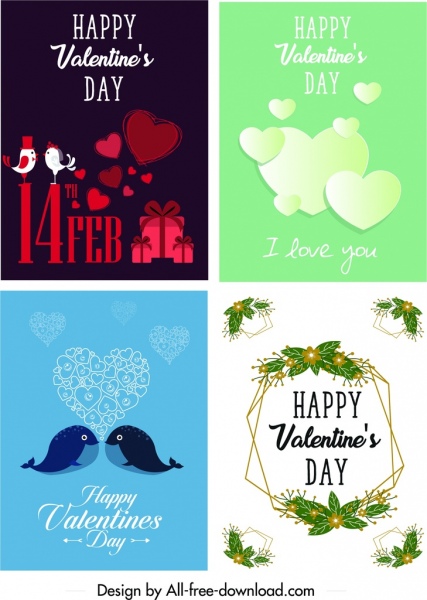 Шаблоны открыток ко Дню святого Валентина Плоские сердца Животные листья Декор