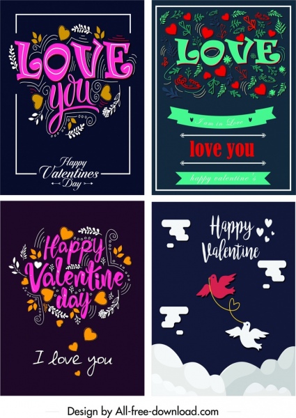 modèles de cartes de la Saint-Valentin colorés décor de coeurs calligraphiques foncés