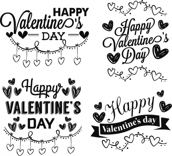 Valentine hari elemen romantis hitam putih sketsa desain