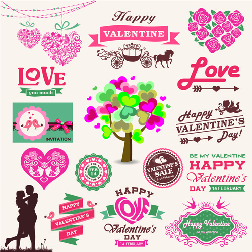 Hari Valentine hiasan dan label vector set