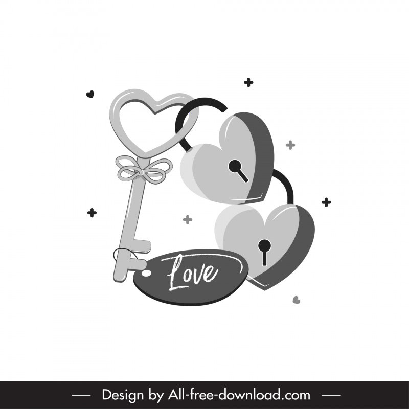 Valentine Design Elements Black White Key Heart Locks Sketch