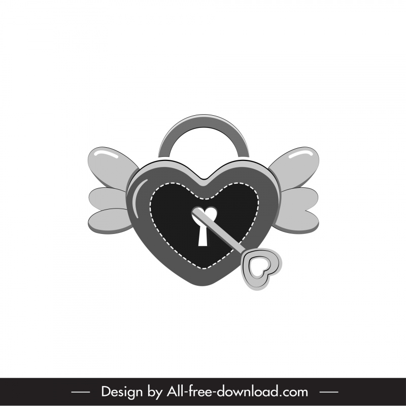 sevgililer günü tasarım öğeleri, siyah beyaz 3d kanatlar kalp şeklinde kilit anahtarı taslağı