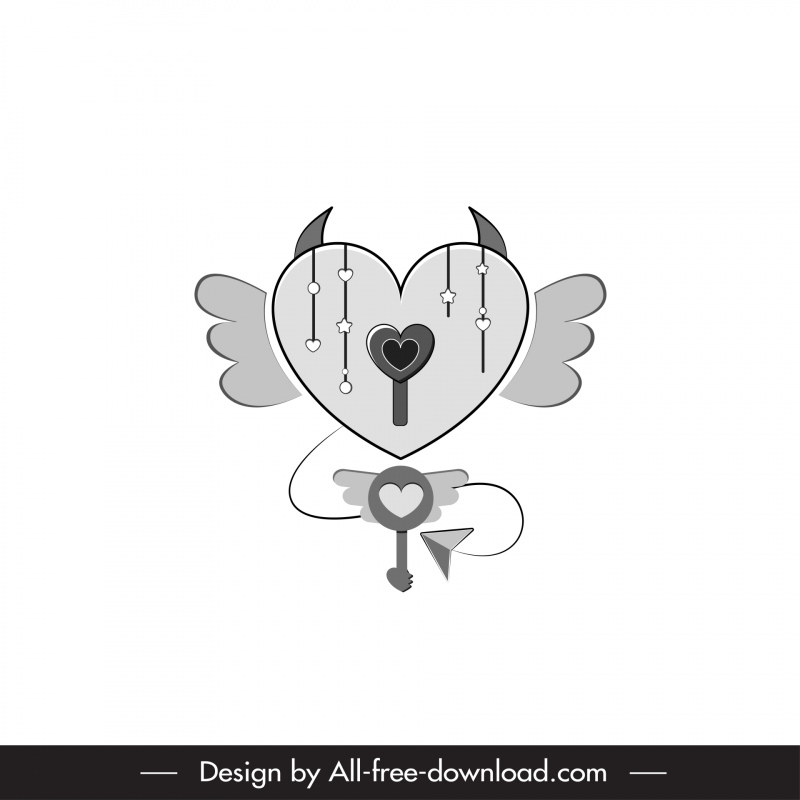 elementos de diseño de San Valentín bw angel devil llave lock contorno