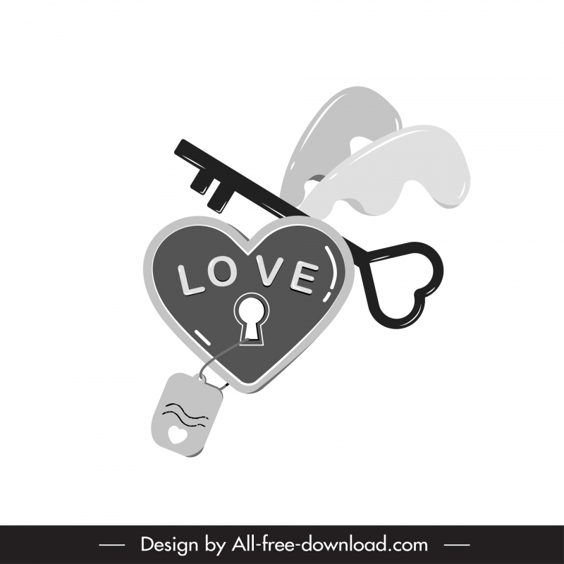 Elemen desain Valentine BW Key Heart Lock Tag Icons Sketch