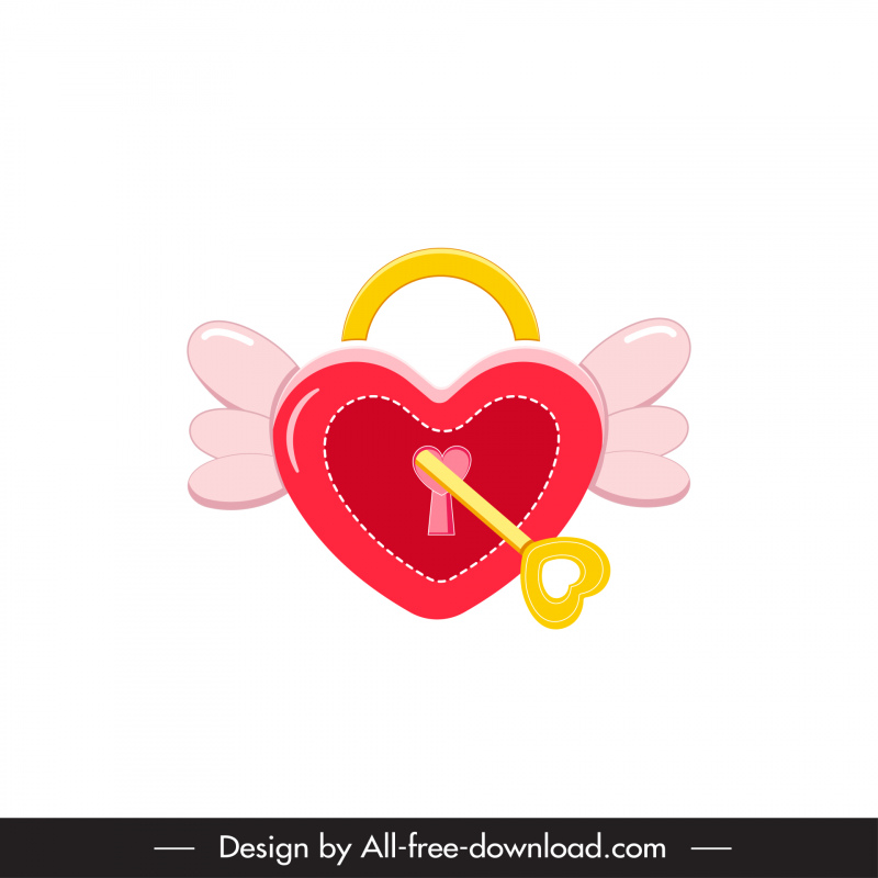 elementos de design do dia dos namorados, esboço de chave de fechadura em forma de coração de asas
