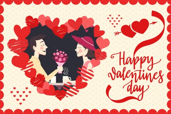 cartel de San Valentín feliz pareja icono corazones rojos decoración