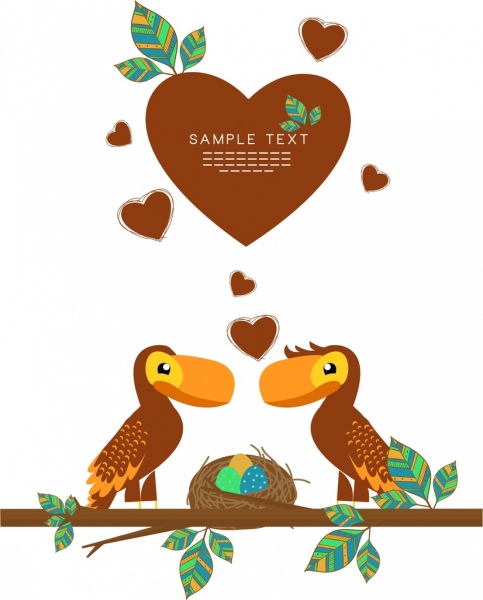 aves de corazones de San Valentín cartel par el diseño de los iconos de la historieta