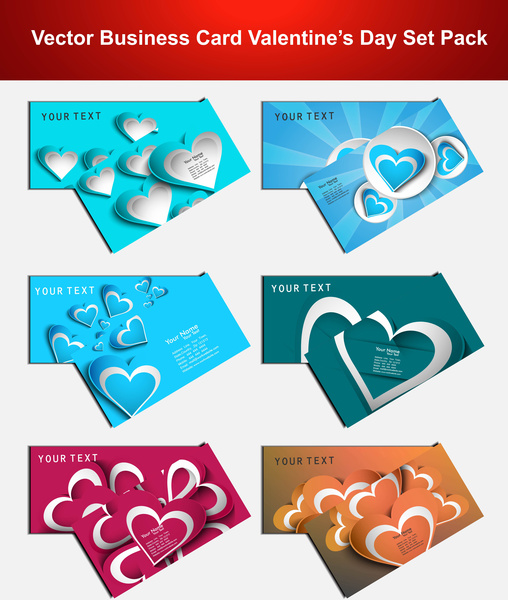 Sevgililer günü renkli kalpler 6 kartvizit sunu koleksiyonu ayarla