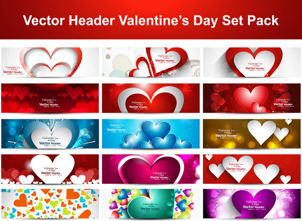 Valentines Tag bunt glänzende Herzen Präsentation Header Sammlung Hintergrund gesetzt Vektor
