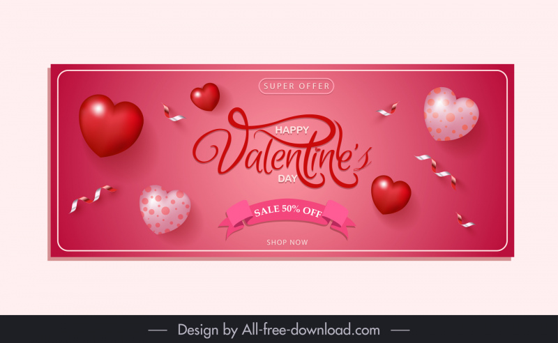 Plantilla de banner de venta de San Valentín 3D Globos de corazones Cinta Caligrafía decoración