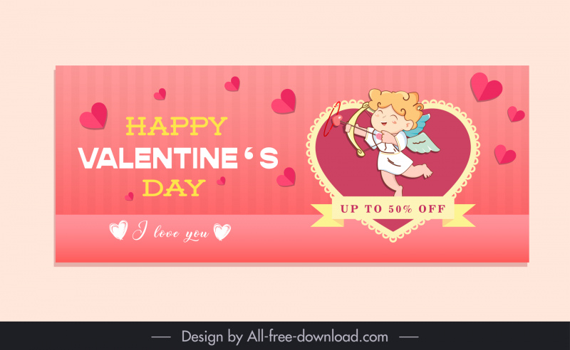 día de San Valentín venta póster plantilla lindo cupido dibujos animados corazones decoración de cinta
