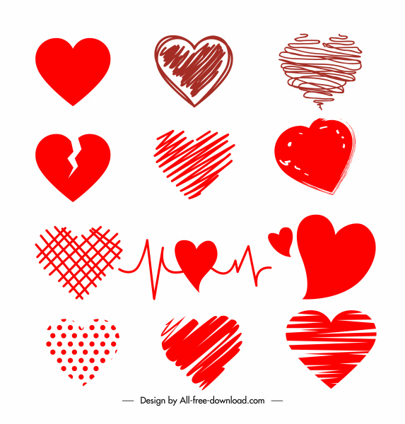 valentines elementos decoração corações vermelhos forma esboço