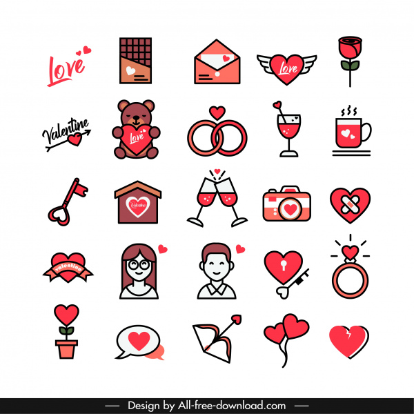 Valentines design-Elemente, die klassische flache Symbole skizzieren