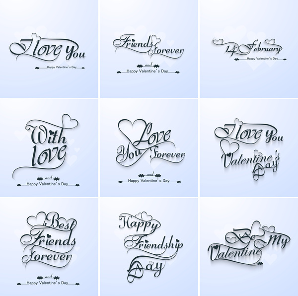 Valentines Hand Lettering Set Collection Love Themed Calligraphic Editable Text Vector Illustration