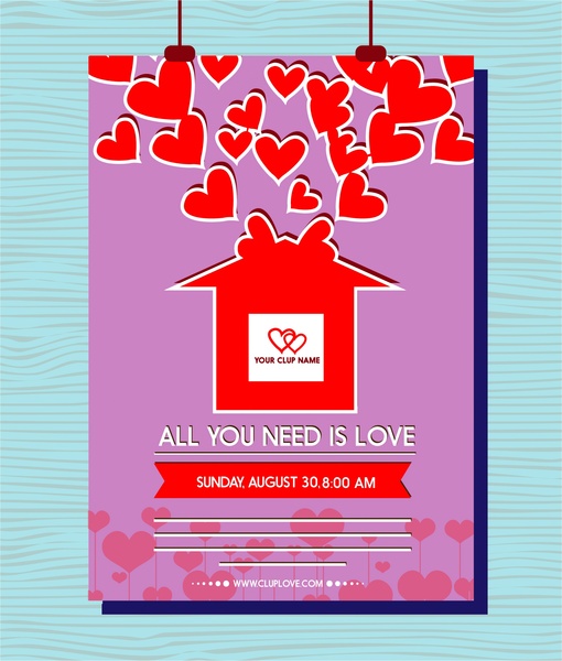 Valentines Broschüre Design Herzen Dekoration auf violettem Hintergrund