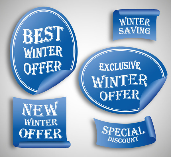 أشكال مختلفة في فصل الشتاء مبيعات بطاقات العنونة على خلفية زرقاء