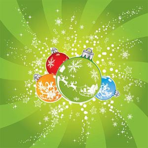 vetor abstrato bolas de Natal, mostradas no fundo verde bonito estrela e flocos de neve