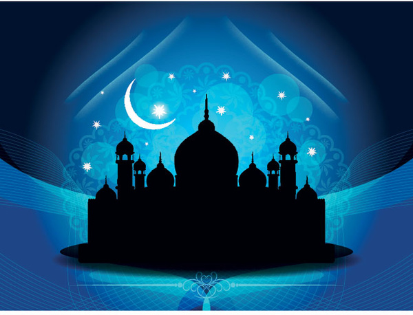ベクター シルエット モスクと抽象の輝く青い eid 背景