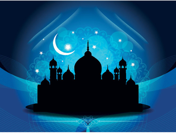 Vector Abstract Glowing Blue Eid Background With Silhouette Mosque