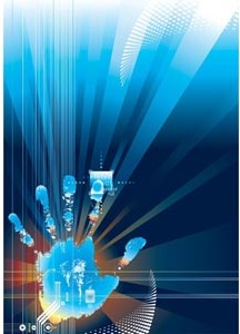 Vector azul brilhante mão tecnologia de impressão x modelo de título de impressão de brochura de dedo ray