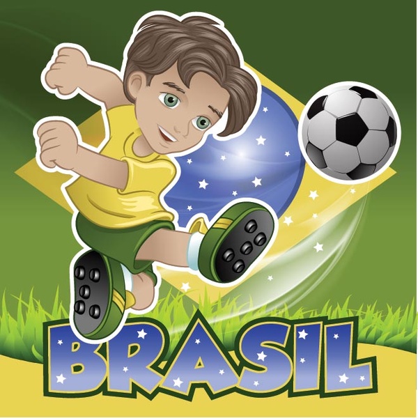 wektor Brazylia chłopiec jest kopanie piłki nożnej flaga w tle i typography