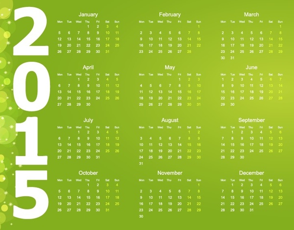 vektor for15 tahun kalender dengan latar belakang hijau