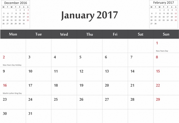 calendário de vetor 2017 em formato cdr e pdf com datas de meses anteriores e posteriores