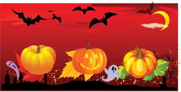 vektor karakter kartun labu dengan kelelawar terbang grunge halloween banner