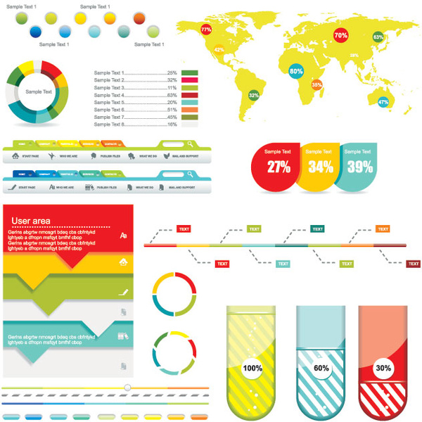 다채로운 세계 지도 웹사이트 메뉴 및 3 차원 원형 차트 infograhpic 디자인 요소 벡터