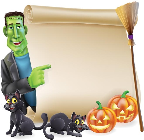 Vector Halloween Green Character With Peeping Round A Scroll Banner