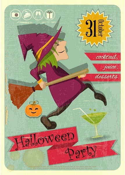 Vector Halloween Party Witch Retro Template Design
