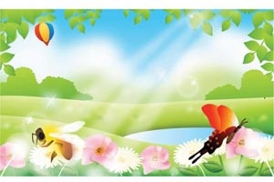Vector Honey Bee And Butterfly Flying In Landscape