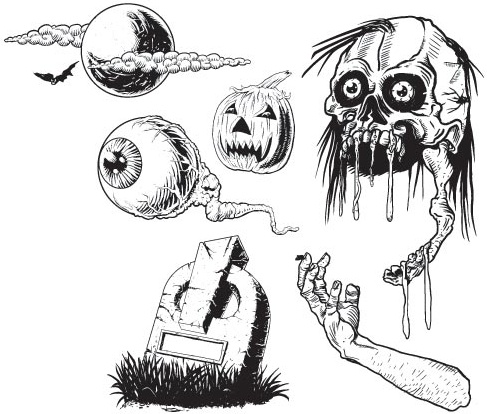 Vector horreur crâne humain oculaires graves protège-coudes et citrouille illustration vintage