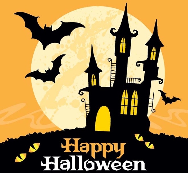 Vector Hunted Castle Under The Big Moon Happy Halloween Card Template