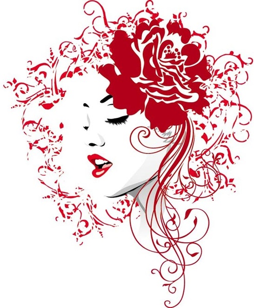 Vector ilustración de la hermosa chica con pelo rosa y flores rojo