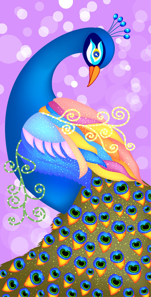 ภาพเวกเตอร์ของนกยูงที่มีสีสันพื้นหลังโบเก้