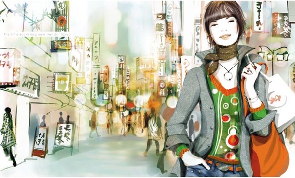 Ilustración vectorial de señora con bolso de compras en calle transitada