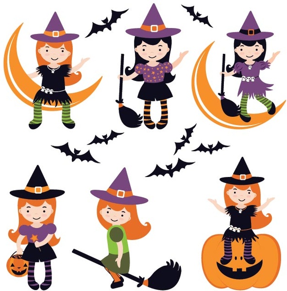 Vector Little Girl Witch Costume In Differnet Style