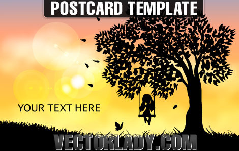 Vector tarjeta postal plantilla niña en columpio