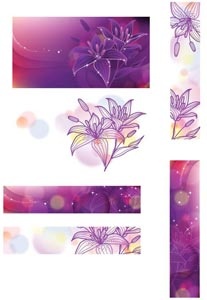 linhas de arte floral roxo flor bandeira conjunto de vetores