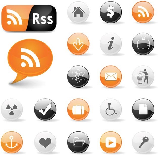Vector rss feed ícone com ícone site laranja e preto brilhante