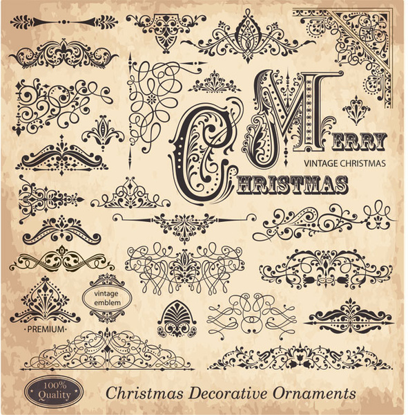 Vector Set Of Vintage Ornament Retro Style Merry Christmas Frame