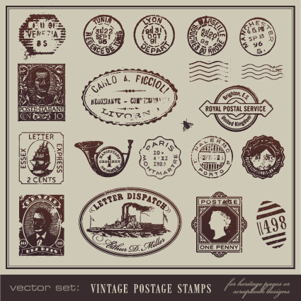 vintage kartpostal pullar elemanları ile vektör kümesi