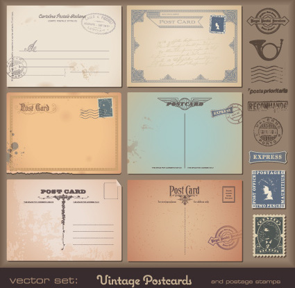Vector conjunto de postales vintage con elementos de sellos