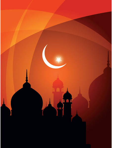 Vector Silhouette Mosque Orange Eid Card Template Design