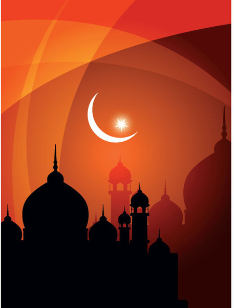 Vector diseño de plantilla de tarjeta de silueta Mezquita eid naranja