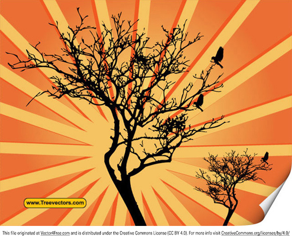 sunburst vektor latar belakang dengan pohon